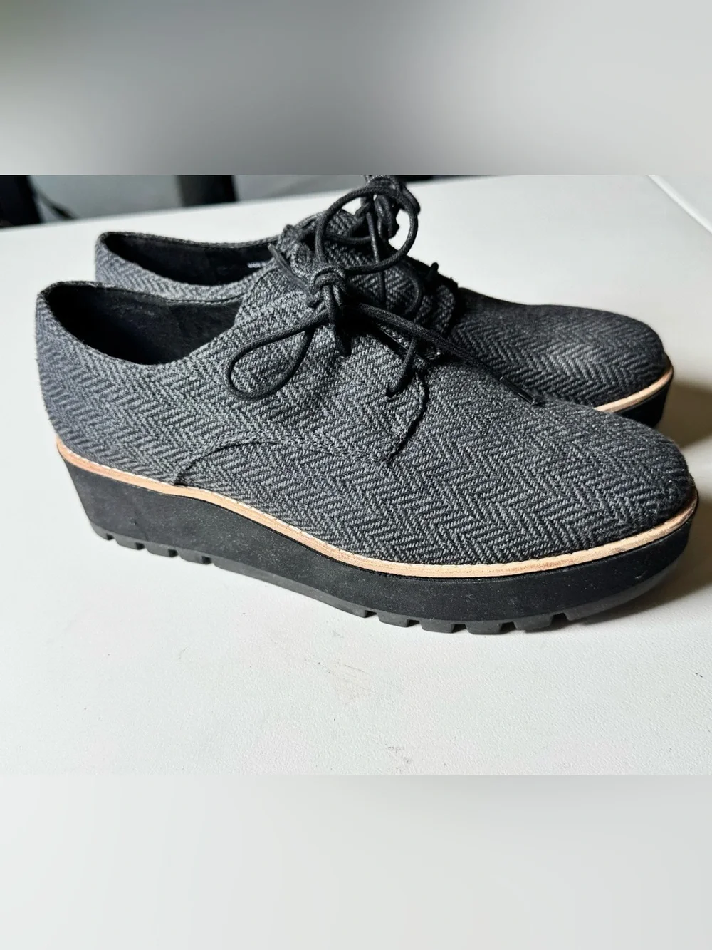 Eileen Fisher Black Herringbone Lace-Up Platform Oxfords